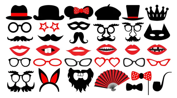 Retro part set. Party födelsedag foto monter rekvisita. Glasögon, hattar, läppar, mustascher, slips, monokel, ikoner. vektorillustration — Stock vektor