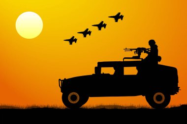 Gün batımı siluet, askeri bir operasyon. Saldırı işgali, uçak savaş, tank, jeep, asker