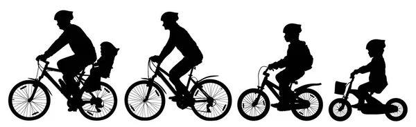 Hombre mujer y niños niño y niña en una bicicleta en bicicleta, conjunto ciclista, vector de silueta — Vector de stock