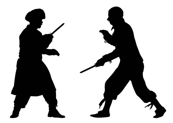 Slag van messen. Strijd van de martial arts. Silhouet vector — Stockvector