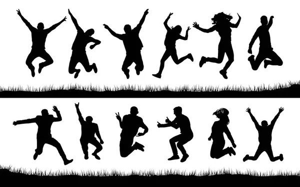 Happy jumping people silhouettes — Stock Vector