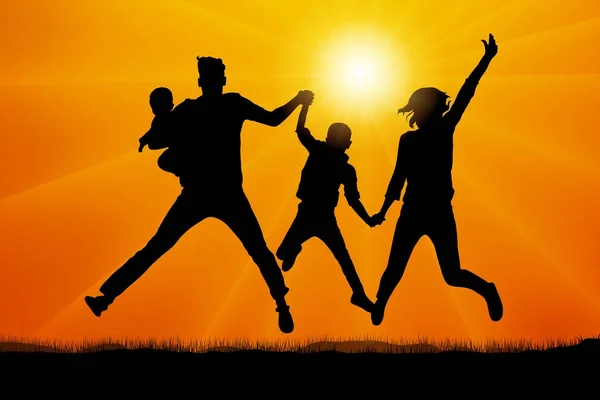 Família em pular ao pôr do sol silhueta vetor — Vetor de Stock