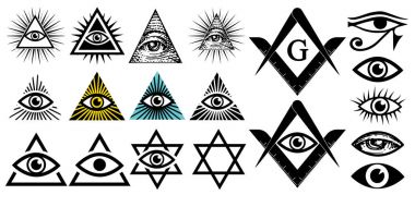 Her gören göz. Illuminati sembolleri, Mason işareti. Komplo ile Elitler. Yahudi yıldız işareti David. Yeni dünya düzeni. Vektör çizim set