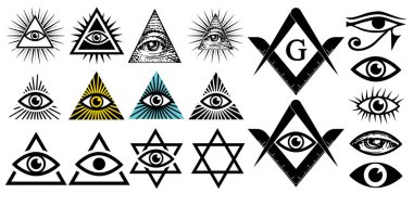 All seeing eye. Illuminati symbols, masonic sign. Conspiracy of elites.The Jewish Star Sign of David. New world order. Vector illustration set clipart