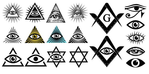 All seeing eye. Illuminati symbols, masonic sign. Conspiracy of elites.The Jewish Star Sign of David. New world order. Vector illustration set