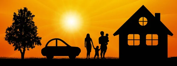 Family, surrounded by nature near a house, car, tree. Man and woman with children at sunset vector silhouette