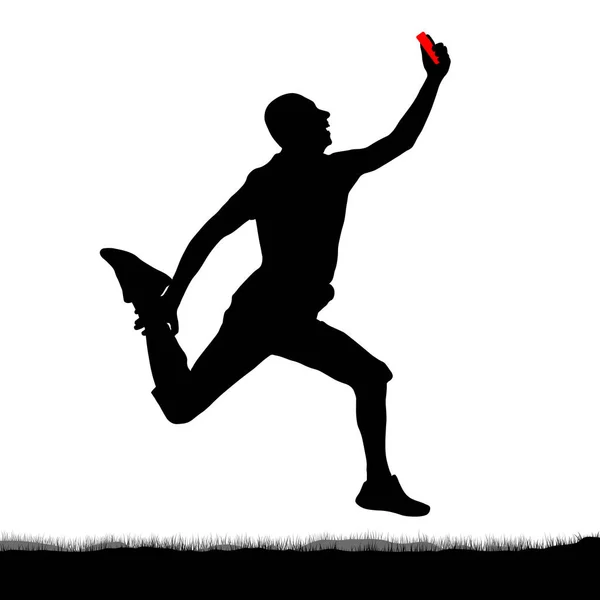 Selfie de salto largo, silueta. Original salto de un hombre con un smartphone en la mano — Vector de stock