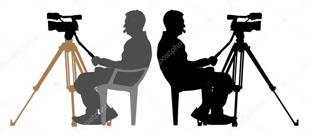 Cameraman is sitting. Camera operator on a tripod, photographer silhouette vector