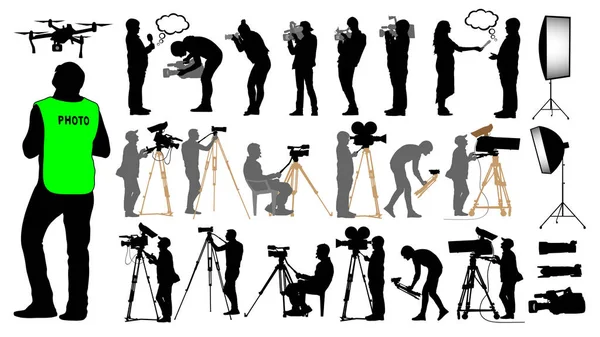 Caméraman, photographe, homme et drone, opérateur de caméra sur un trépied, équipement photo vidéo, silhouette — Image vectorielle