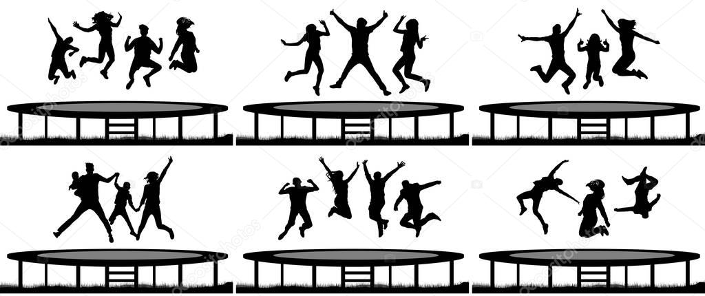 People jumping trampoline silhouette set