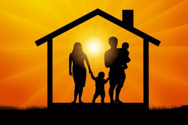 Gün batımı, siluet vektör, evde iki çocuklu aile