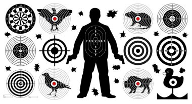 Target for shooting set, man with arms, shoot gun aim animals people man isolated. Sport Practice Training. Sight, bullet holes. Dartboard, archery. vector illustration. clipart