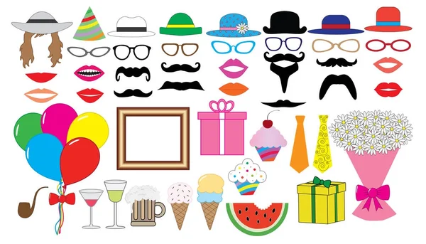 Födelsedagskalas set. Vektor. Hatt, mössa, Glasögon, läppar, mustasch, slips, ballonger, bukett och etc., ikoner. — Stock vektor
