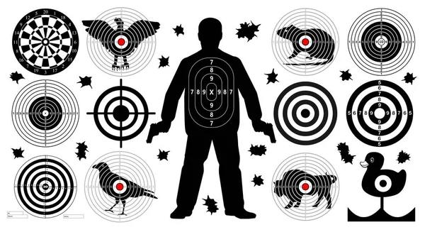 Target for shooting set, man with arms, shoot gun aim animals people man isolated. Sport Practice Training. Sight, bullet holes. Dartboard, archery. vector illustration. — Stock Vector