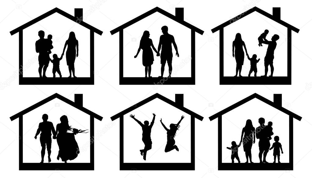 Family silhouette home. Couple man and woman with a child in the house. People jumping vector set icon.