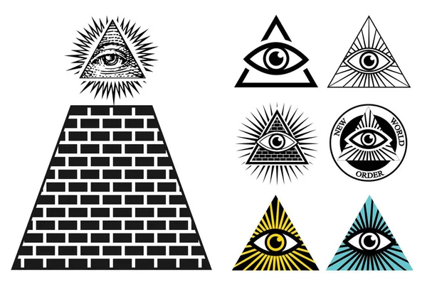 Alle oogpictogrammen in het wakend instellen piramide Symbool van de Illuminati — Stockvector