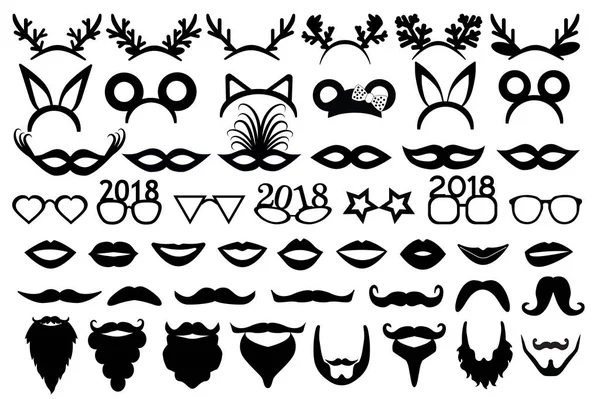 Natal (ano novo) conjunto de festa. Chifres, orelhas, máscaras de carnaval, lábios, óculos, bigode, barbas . — Vetor de Stock