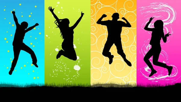 Happy people jumping silhouette — Stock Vector