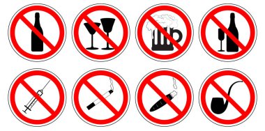 Set of prohibition signs of drugs, drinking alcohol, smoking cigarette, vector. clipart