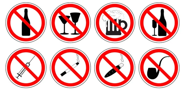 Set of prohibition signs of drugs, drinking alcohol, smoking cigarette, vector. — Stock Vector
