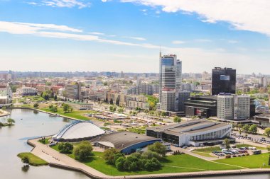 Minsk, Nemiga (Spor Sarayı, Galeri, Royal Plaza), airview. Beyaz Rusya, 20 Mayıs 2017
