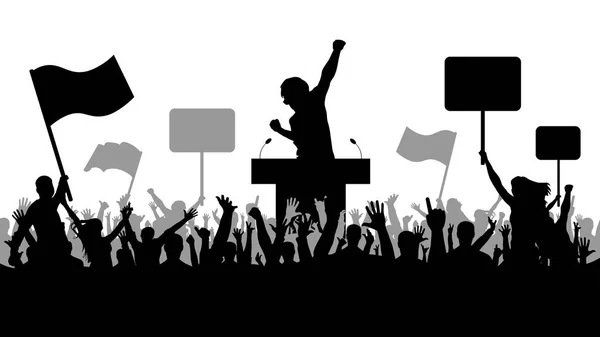 Une foule de gens manifestant leur silhouette. Art oratoire, politique . — Image vectorielle