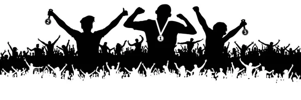 Sport rajongók silhouette tömeg. Szertartások odaítélése érmet. Vector-banner — Stock Vector