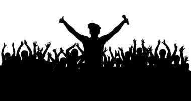 Şarkıcı mikrofon ile müzikal bir konserde kalabalık, siluet