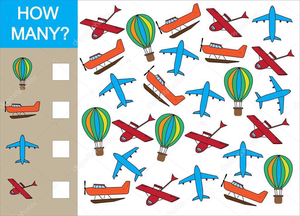 Count how many air transport objects and write the result. Mathematical game for children.