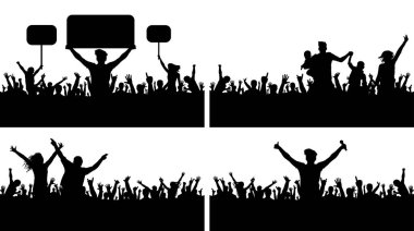 Kalabalık insanlar alkış konser vektör siluet set. Şampiyonluk sporseverler. İnsanların büyük bir parti. Protesto kalabalık.