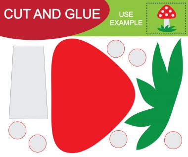 Makas ve yapıştırıcı kullanarak görüntü mantar (sinek agaric) oluşturun. Çocuklar için eğitici bir oyun. Vektör çizim.