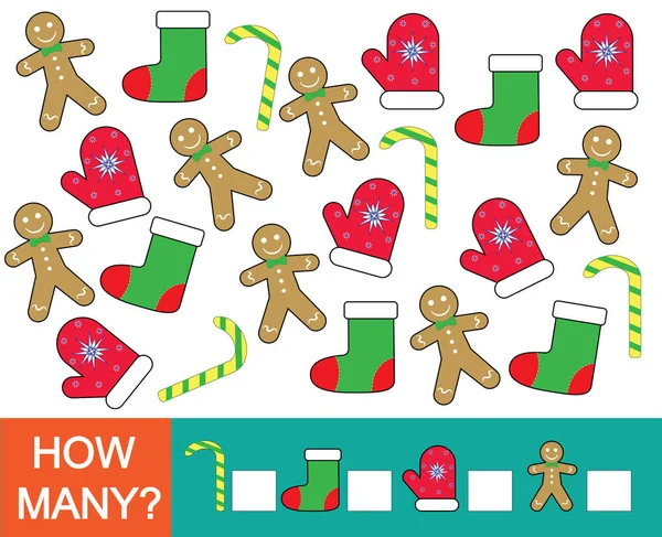 Wie Viele Weihnachtliche Objekte Mathematikspiel Für Kinder Lernzahlen Vektorillustration — Stockvektor