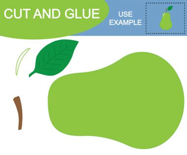 Çocuklar için eğitici bir oyun. Armut (meyve) makas ve yapıştırıcı kullanarak görüntü oluşturmak.