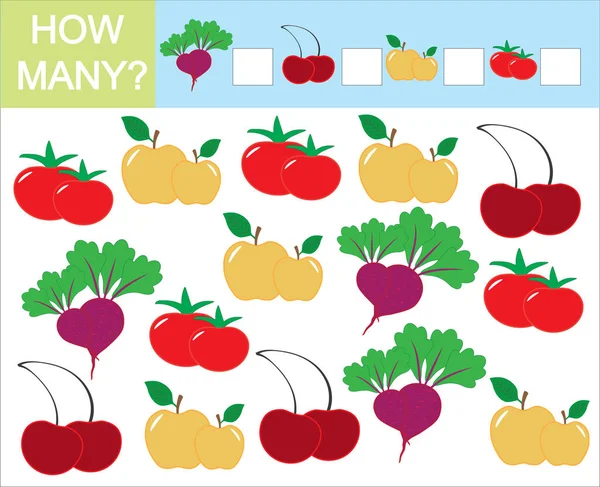 Cuente cuántas frutas, bayas y verduras. Números de aprendizaje, matemáticas — Archivo Imágenes Vectoriales