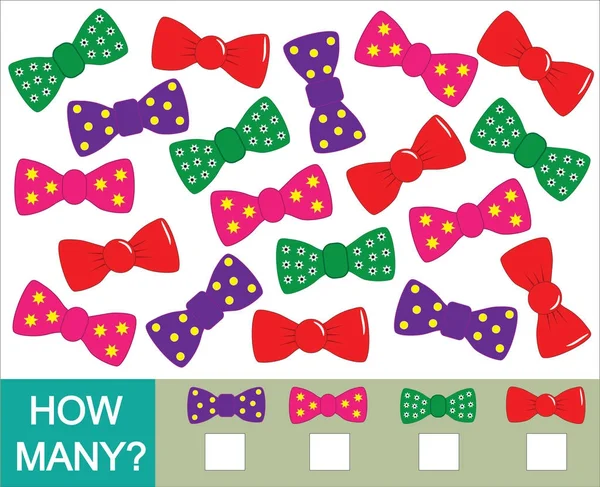 Zählen Sie, wie viele Fliege Krawatten. Mathematikspiel für Kinder. Vektor — Stockvektor