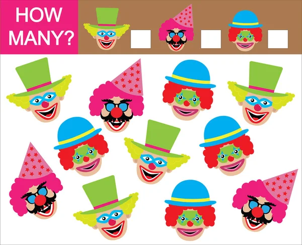 Zählen Sie, wie viele Clowns. Zahlen lernen, Mathematik. Spiel für Kinder — Stockvektor
