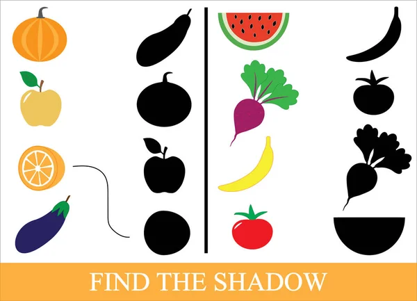 Juego para niños. Encuentra la sombra de los objetos de verduras, bayas y frutas — Vector de stock