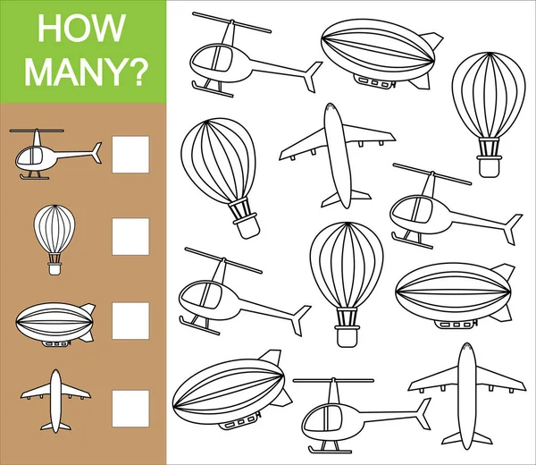 Conte quantos objetos de transporte aéreo. Contando jogo educativo — Vetor de Stock