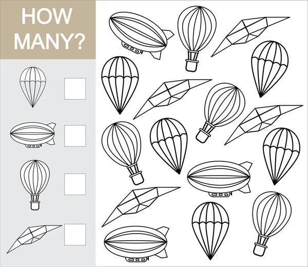 Contando juego cuántos objeto de transporte aéreo para niños preescolares — Vector de stock