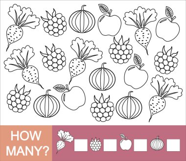 How many fruits, berries and vegetables (apple, blackberry, beet, pumpkin). Paint objects. Learning numbers, mathematics. Counting game for preschool children. clipart