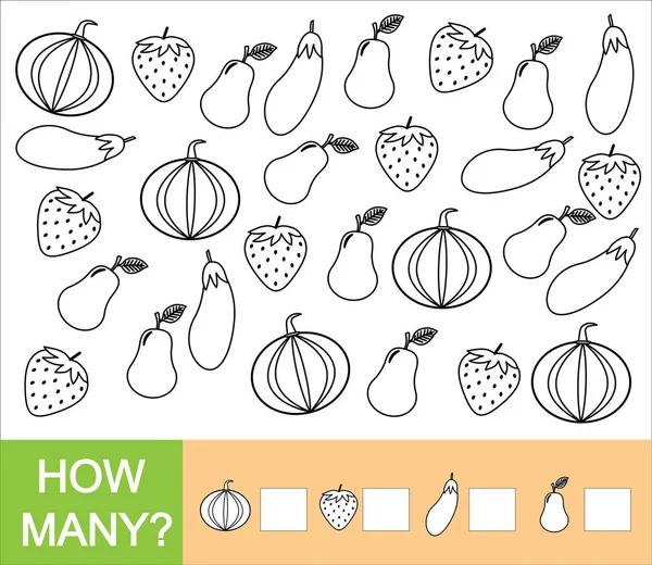 Zählen Sie, wie viele Früchte, Beeren und Gemüse (Birne, Erdbeere, Aubergine, Kürbis). Lackobjekte. Zahlen lernen, Mathematik. Zählspiel für Vorschulkinder. — Stockvektor