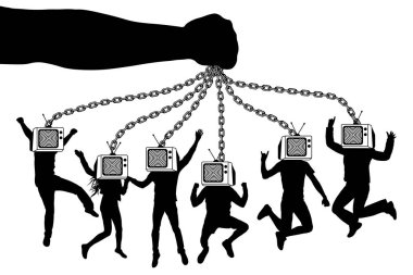 Adam TV. El televizyon insanlarla bir zombi kalabalık tutar. Kuklacı kuklaları zincirleri üzerinde tutar..