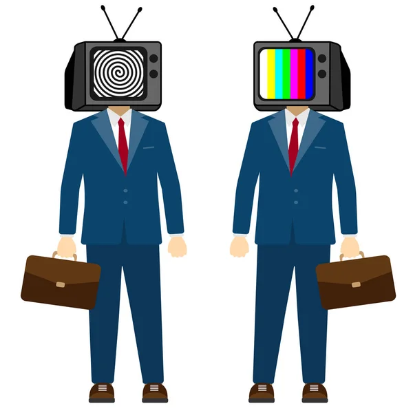 TV on head man. Television propaganda, fake news. Businessman character, vector. — Stock Vector