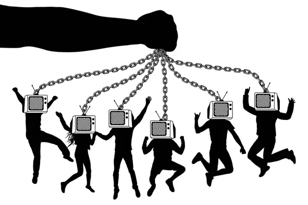 Man of TV. The hand holds a zombie crowd of people with television. The puppeteer keeps the puppets on chains. — Stock Vector
