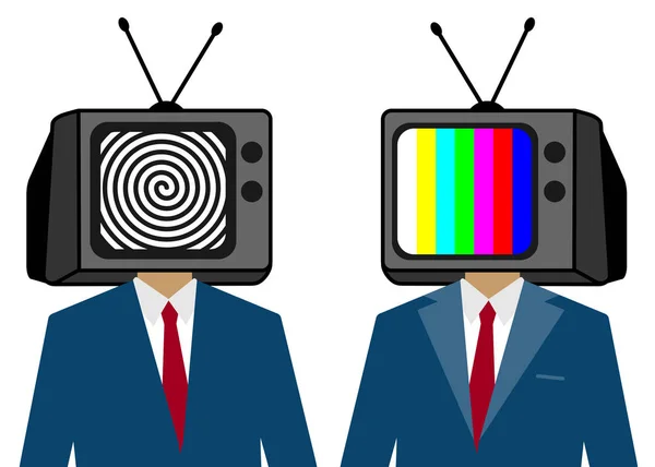 TV instead of a man head. Zombie people. Hypnotized person — Stock Vector