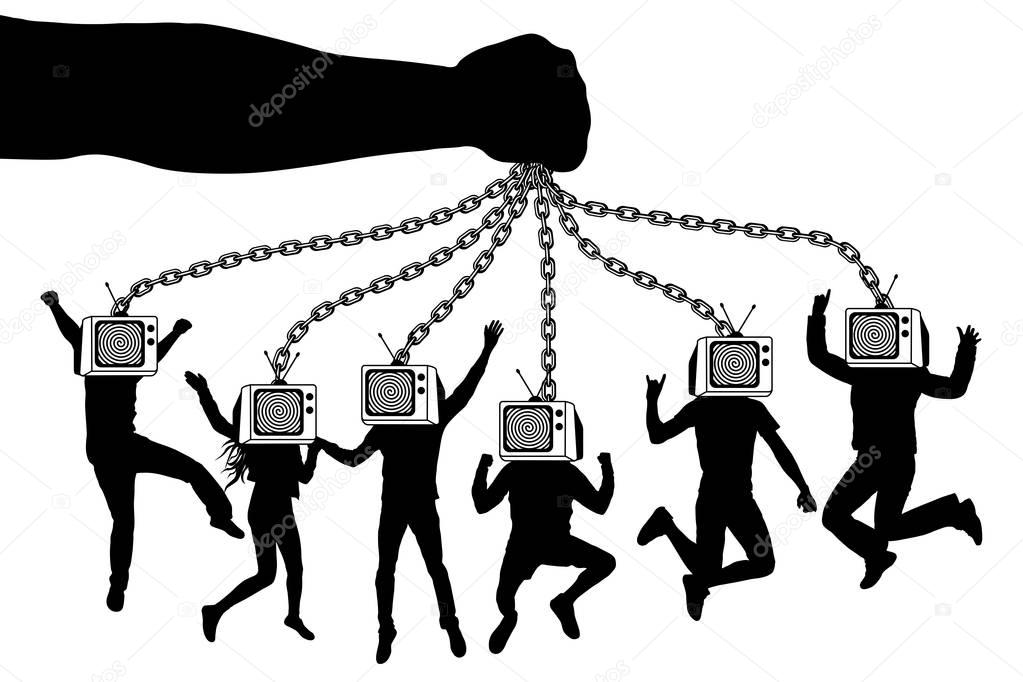 Man of TV. The hand holds a zombie crowd of people with television. The puppeteer keeps the puppets on chains.