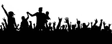 Neşeli kalabalık siluet. Parti insanları, alkışlıyoruz. Hayranları dans konser, disko. Eller yukarı
