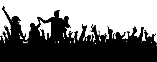 Vrolijke menigte silhouet. Partij van de mensen, toejuichen. Fans dans concert, disco. Handen omhoog — Stockvector