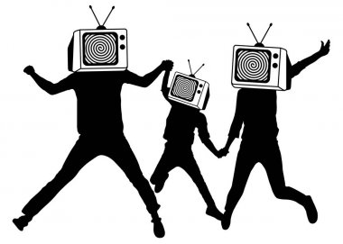İnsanların kafası Tv yerine, siluet. Propaganda, sahte haber. Zombi adam. Bilgi Savaşı