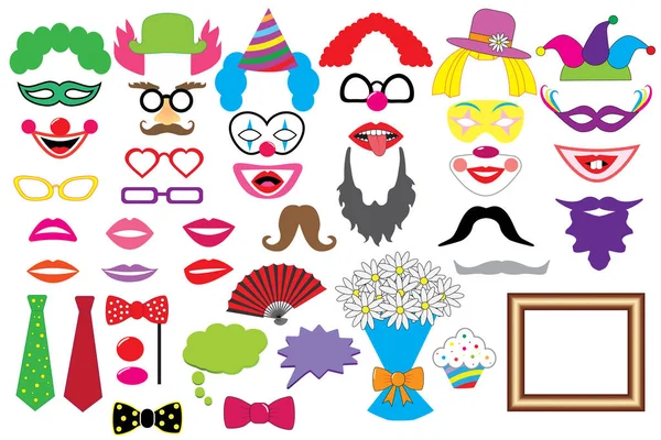 Partij set. Clowns. Brillen, hoeden, lippen, pruiken, snorren, stropdas en enz., pictogrammen — Stockvector